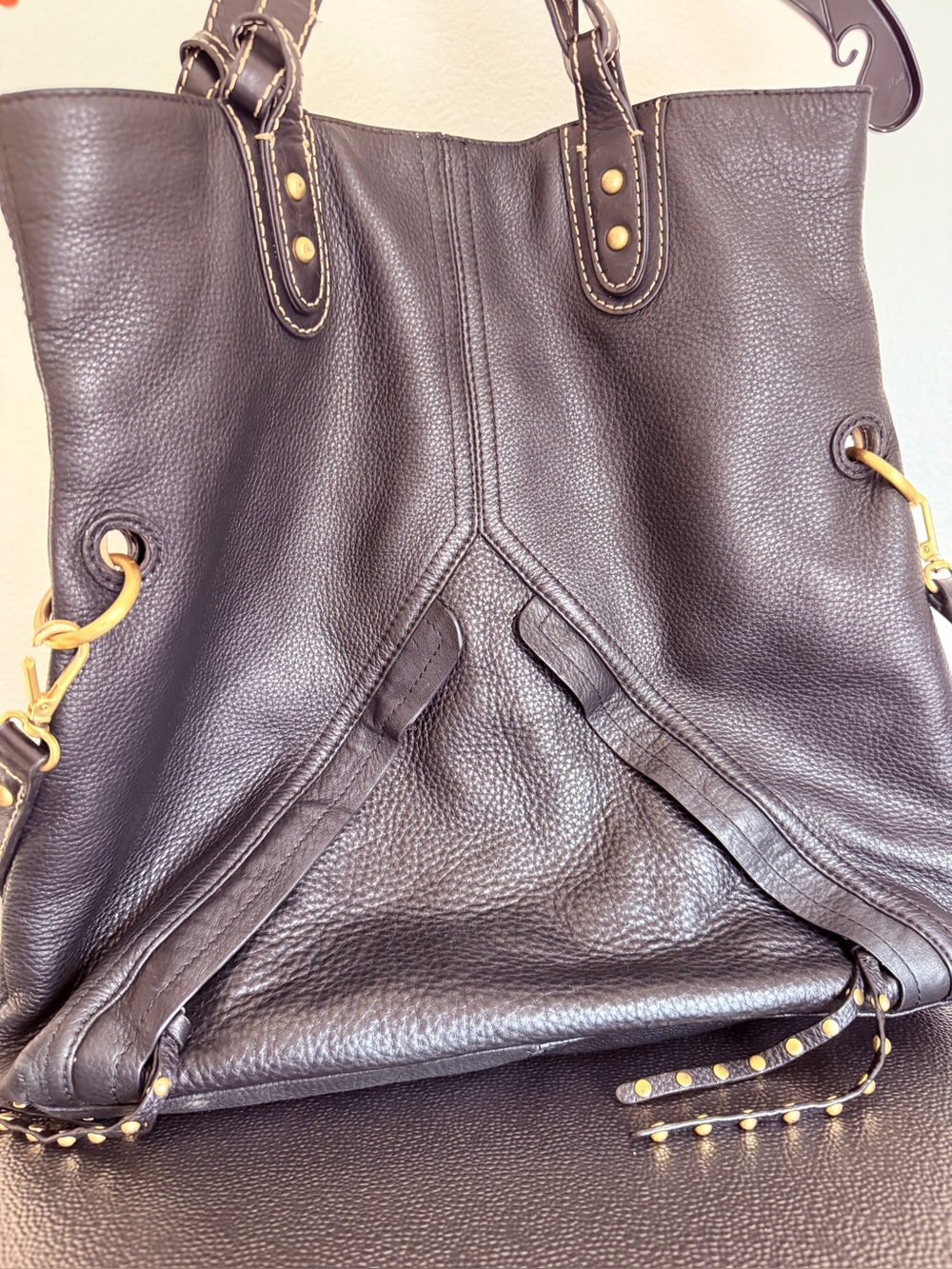 Isabella Fiore Black Leather Tote with Gold Hardware